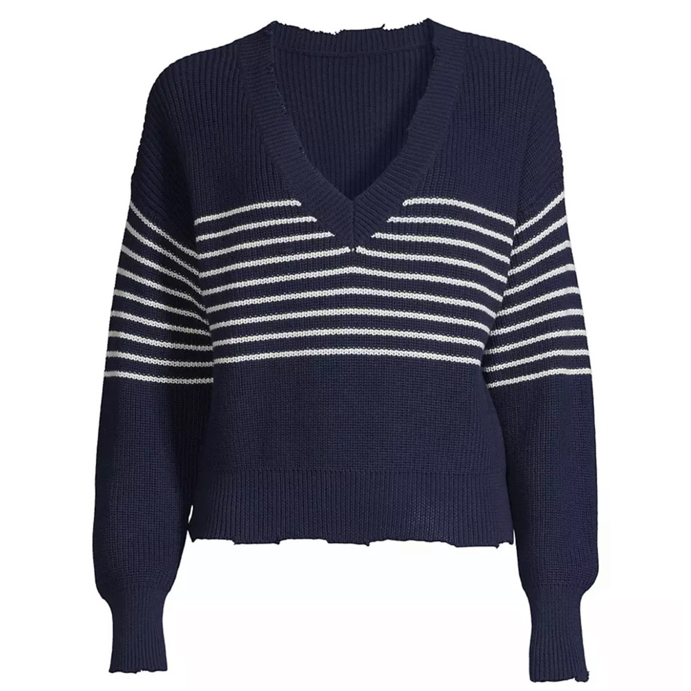NWOT 525 America Lea Distressed Striped Cotton Pullover Sweater